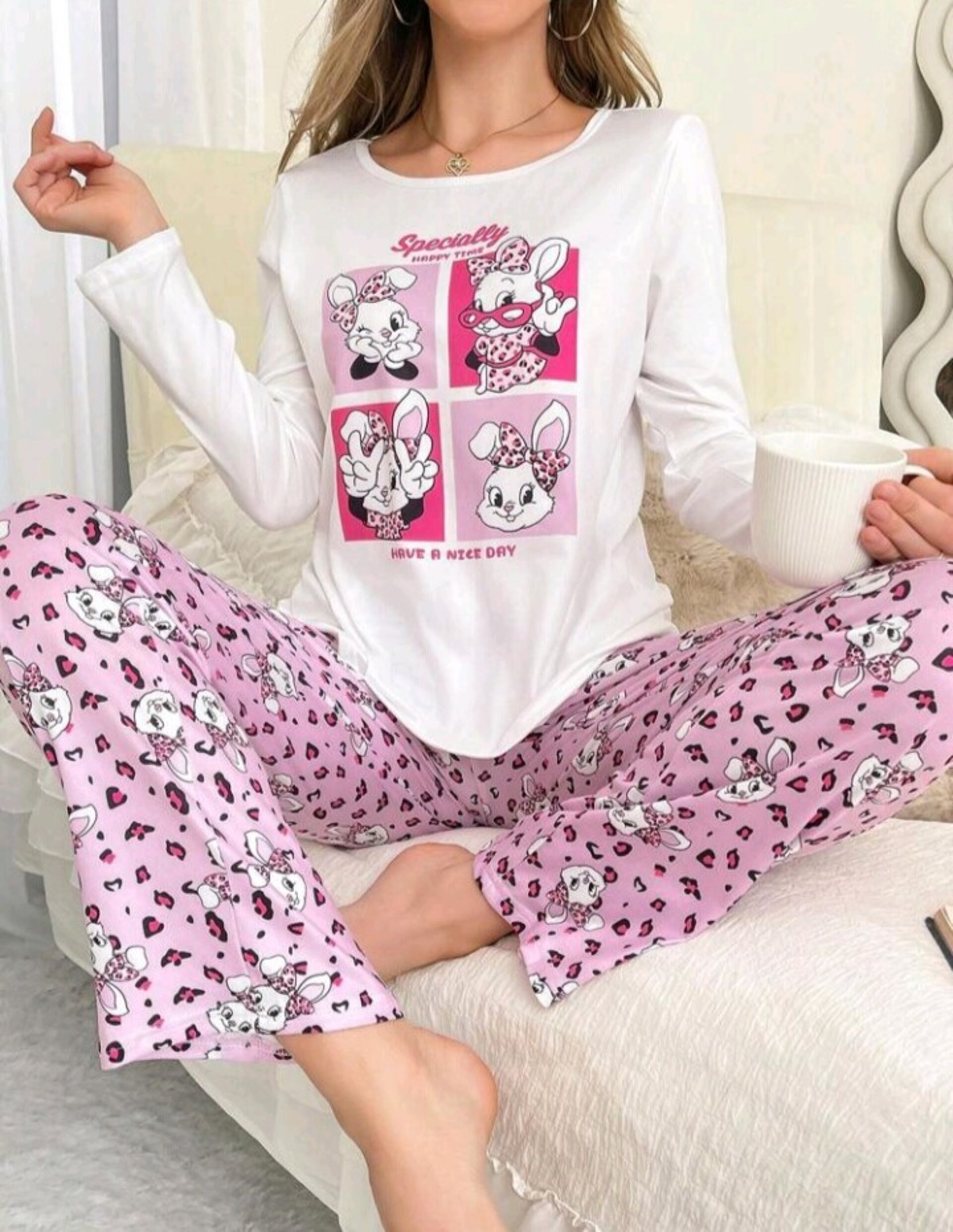 conjunto de pijama de cuello redondo para mujer - 12