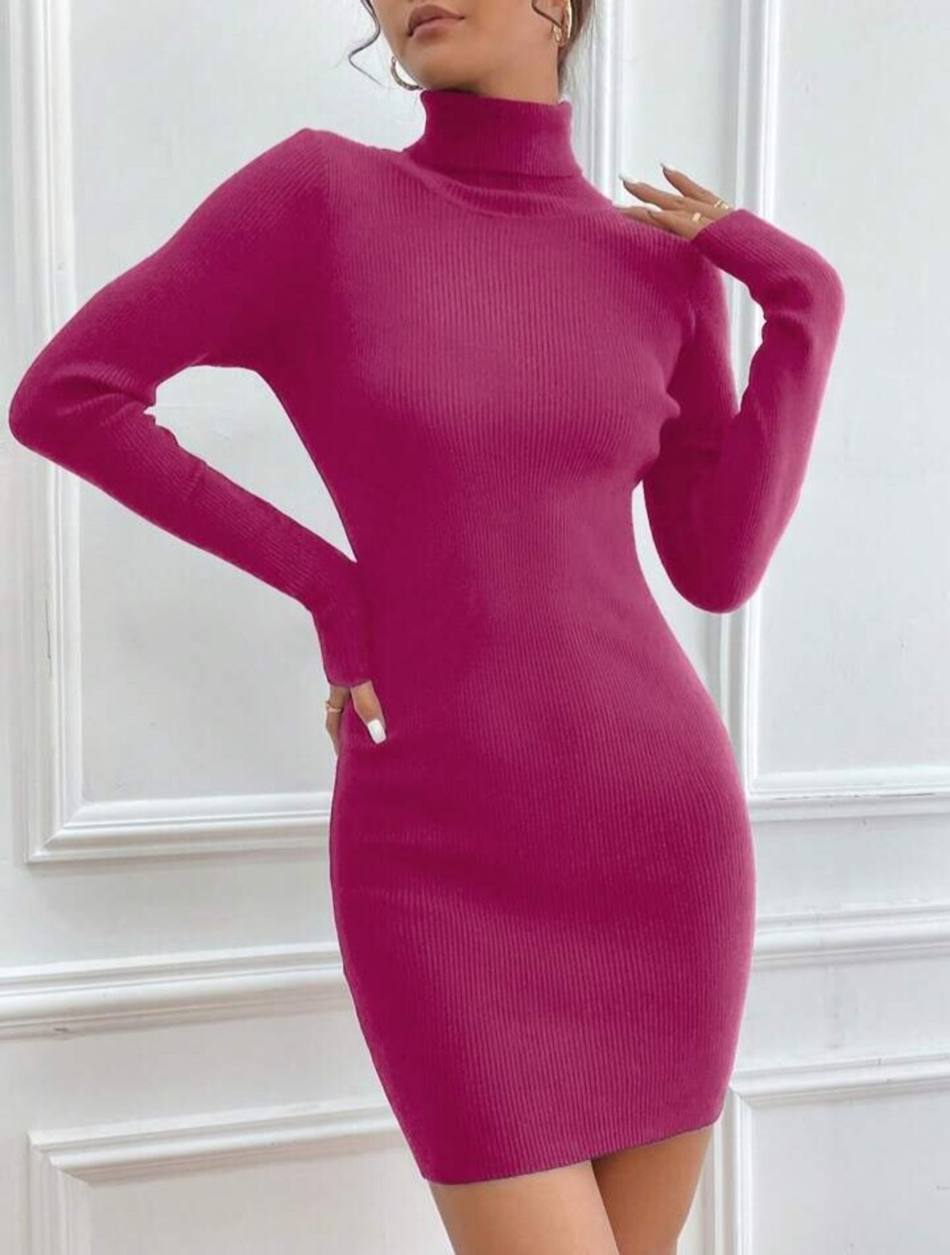 Vestido suéter ajustado con cuello alto liso - 9